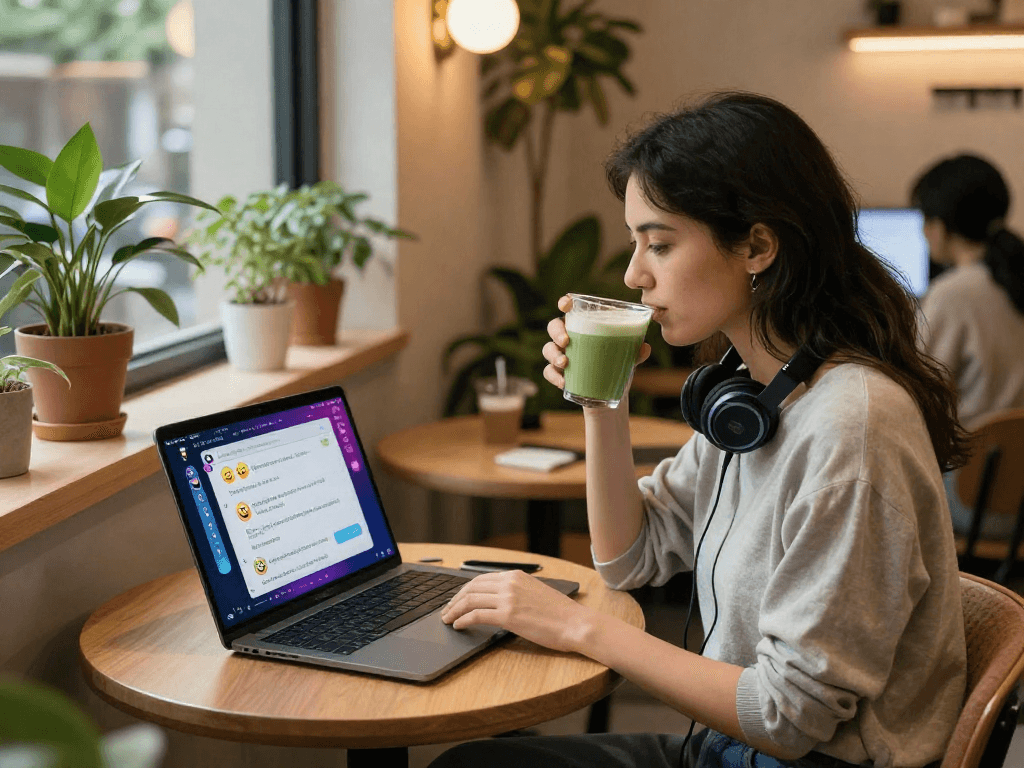 Engaging with hot chat AI on a laptop in a cozy co-working space while enjoying a drink.