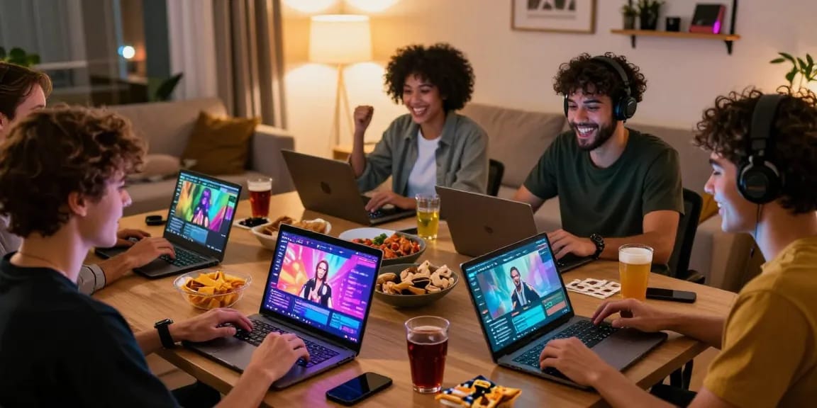 Engaging group playing gay porn games in a cozy living room setting, showcasing vibrant gaming atmosphere.