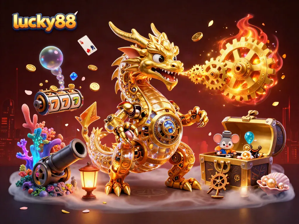Experience thrilling wins at lucky88 with a 3D dragon game scene showcasing exciting slots and treasure!