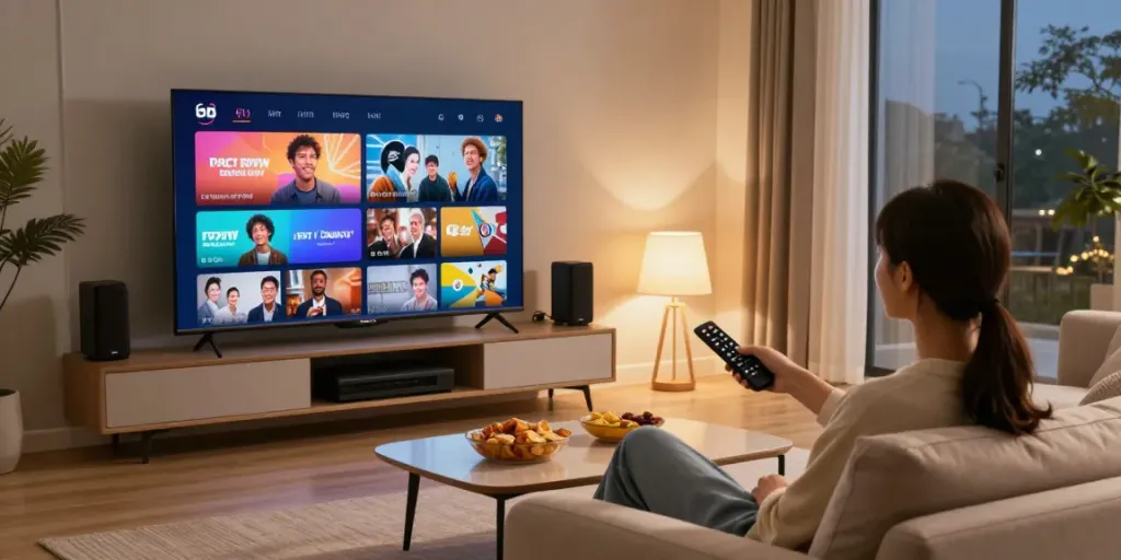 Enjoying high-quality test iptv on a smart TV in a cozy living room.