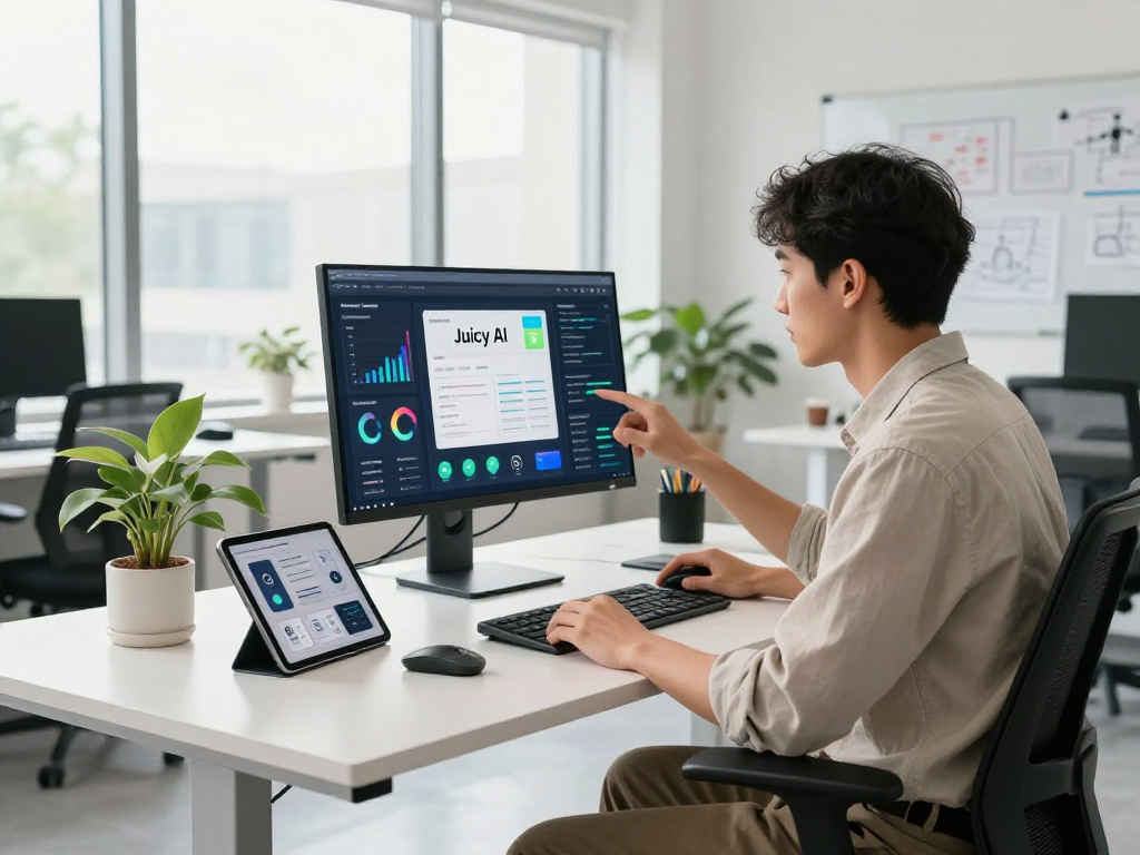 Engaging tech workspace showcasing Juicy ai app on monitor with vibrant analytics and creative atmosphere.