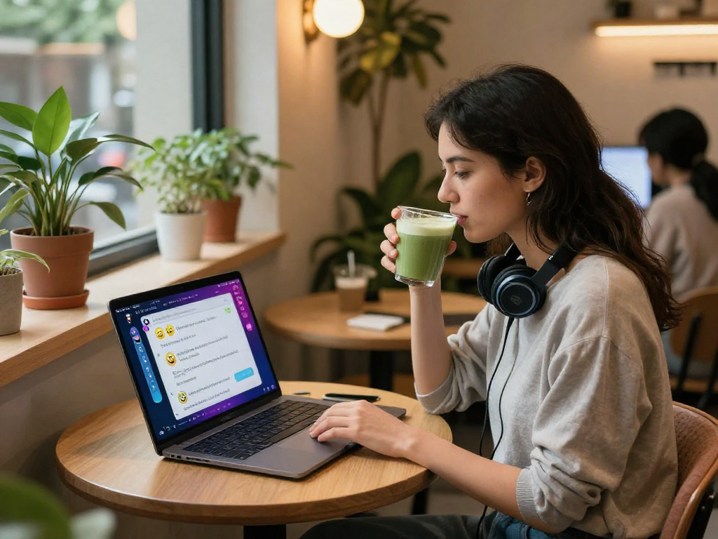 Engaging with hot chat AI on a laptop in a cozy co-working space while enjoying a drink.