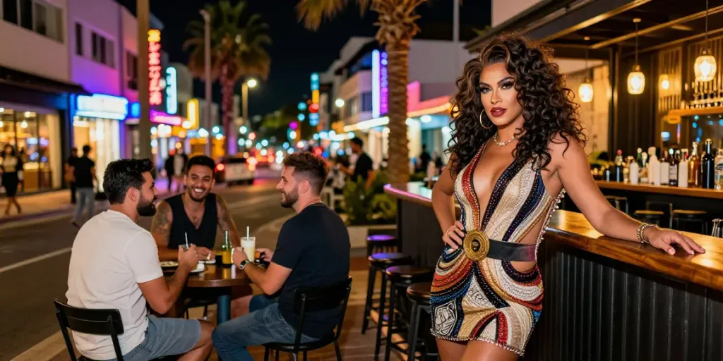 Stylish transgender woman enjoying the vibrant nightlife in Tel Aviv, highlighting קוקסינליות בתל אביב culture.