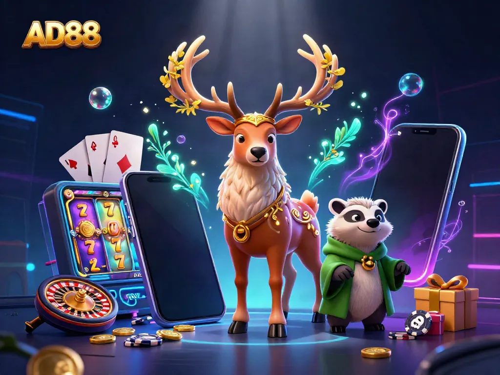 Engage with AD88 through thrilling slot games and exciting promotions depicted in vibrant digital art.