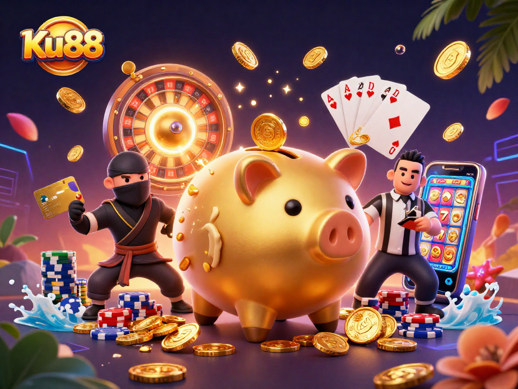 Ku88 gaming scene with golden piggy bank wrestler, dynamic casino elements