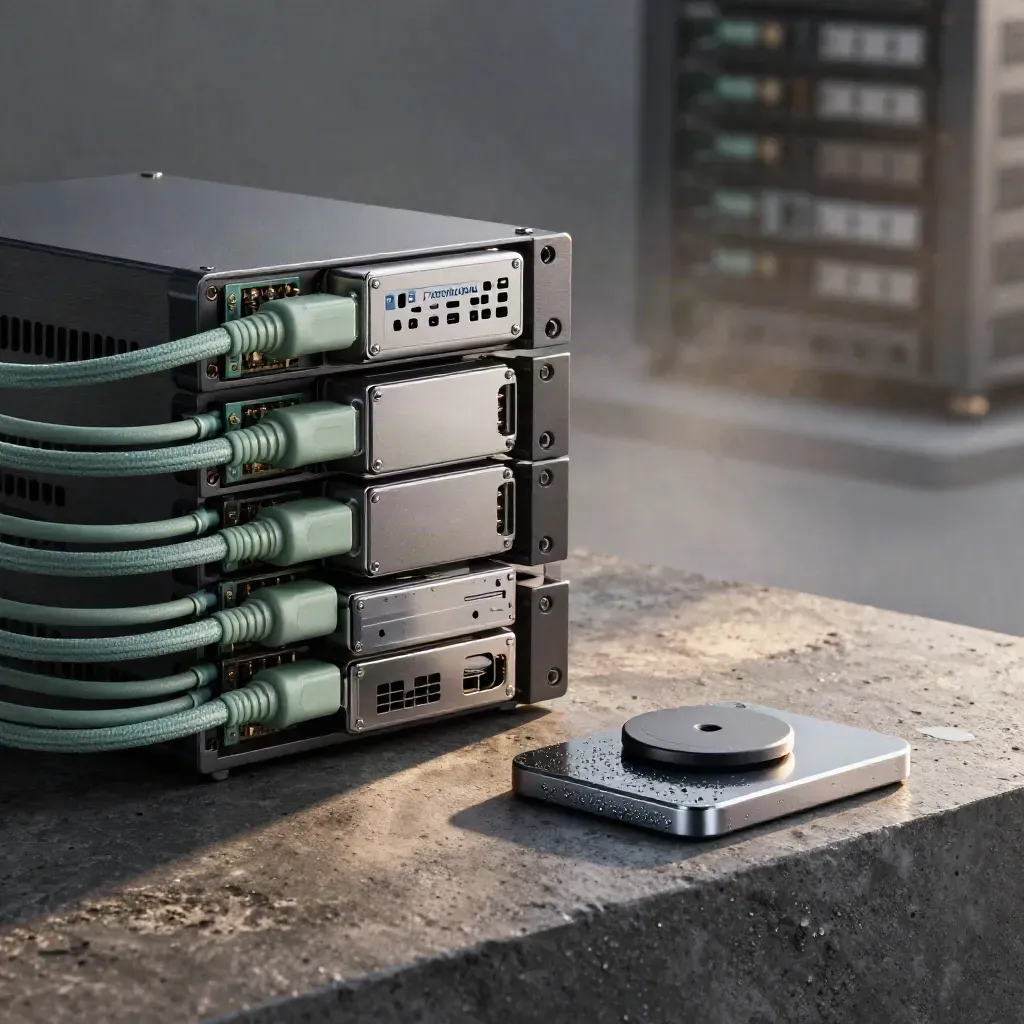Server edge, cavi fibra e token di sicurezza su basamento in pietra, luce post-pioggia.