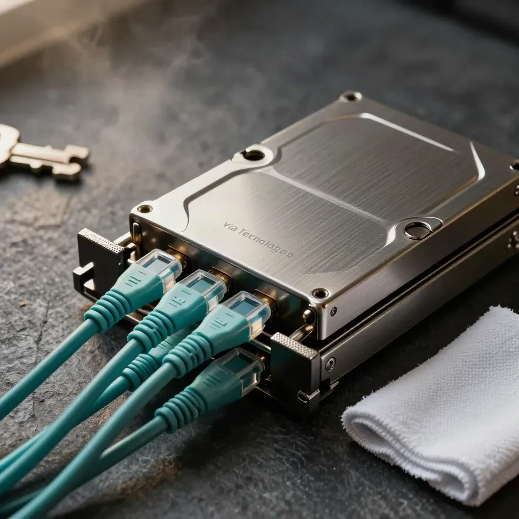 Piano dall’alto di cartucce backup, cavi patch fiber e panno su pietra scura.