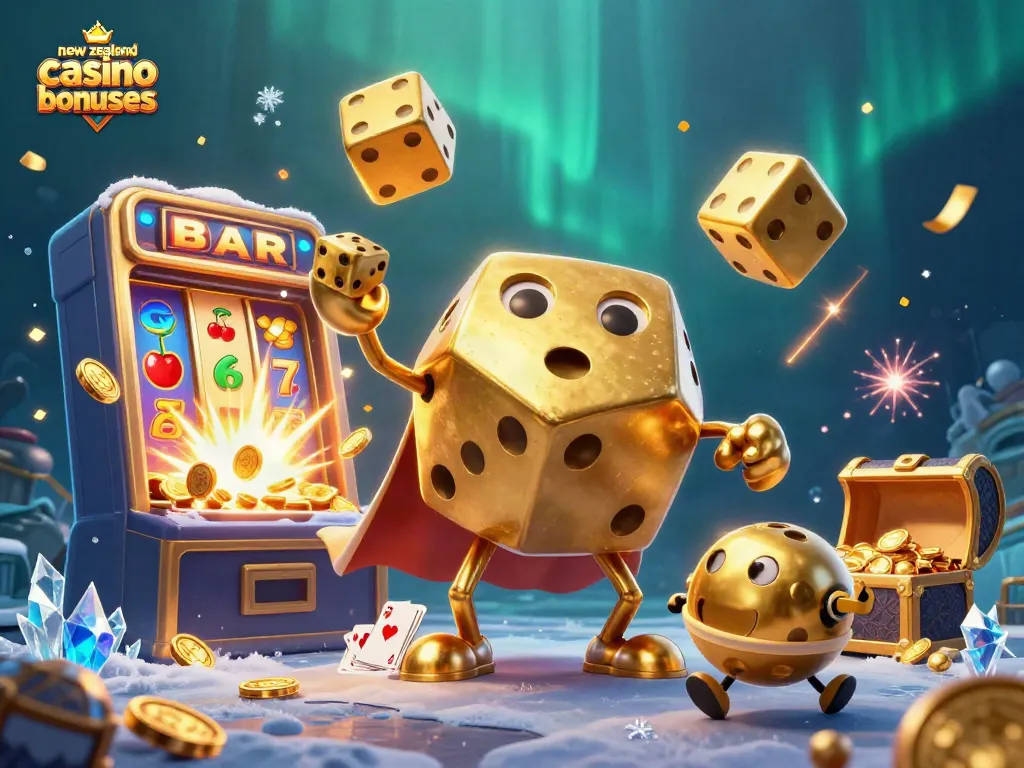 Engage with new zealand casino bonuses featuring animated characters, a jackpot explosion, and casino elements.