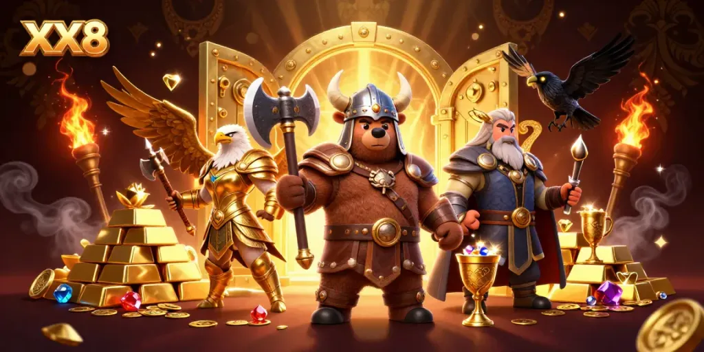 Engage in thrilling gaming adventures with XX8, featuring a Viking berserker and Valkyrie eagle.