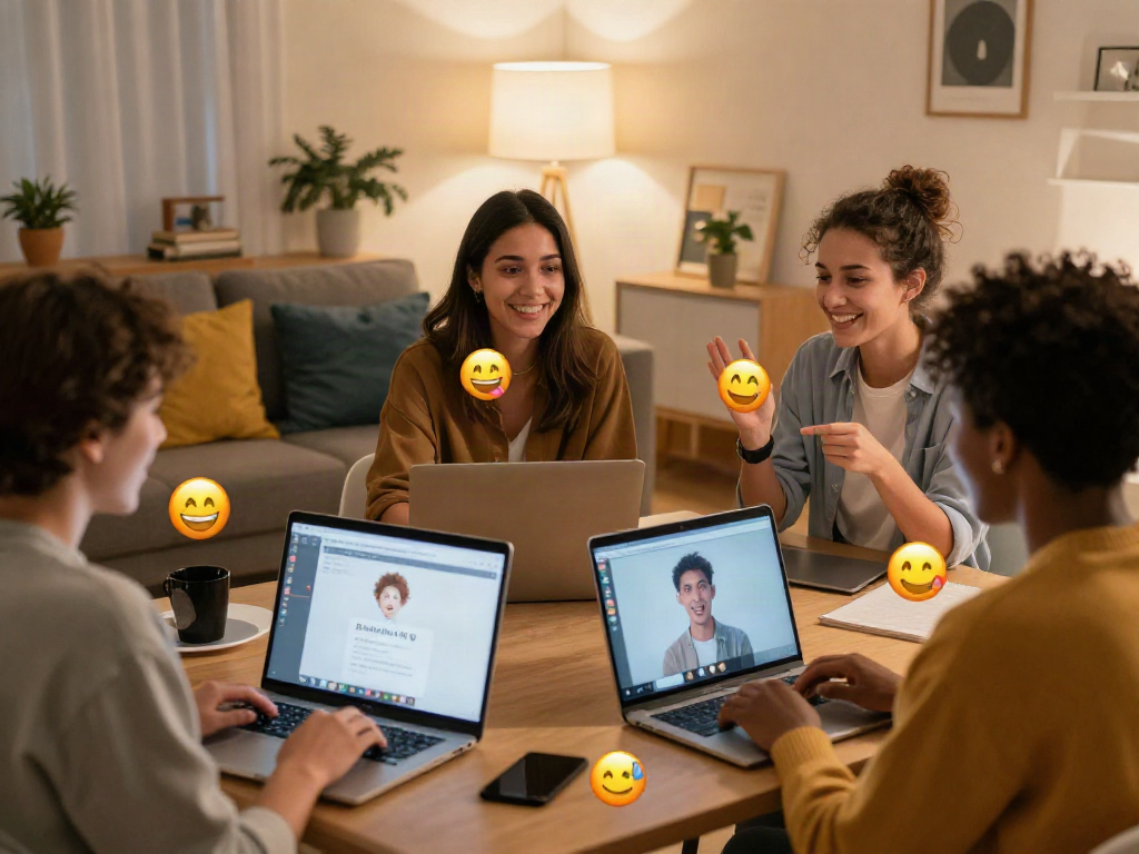 Engaging free AI sex chat session among friends in a vibrant digital room.