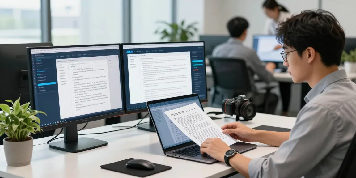Compliance officer engaged in document fraud detection analysis at a modern workspace, showcasing advanced digital tools and AI technology.